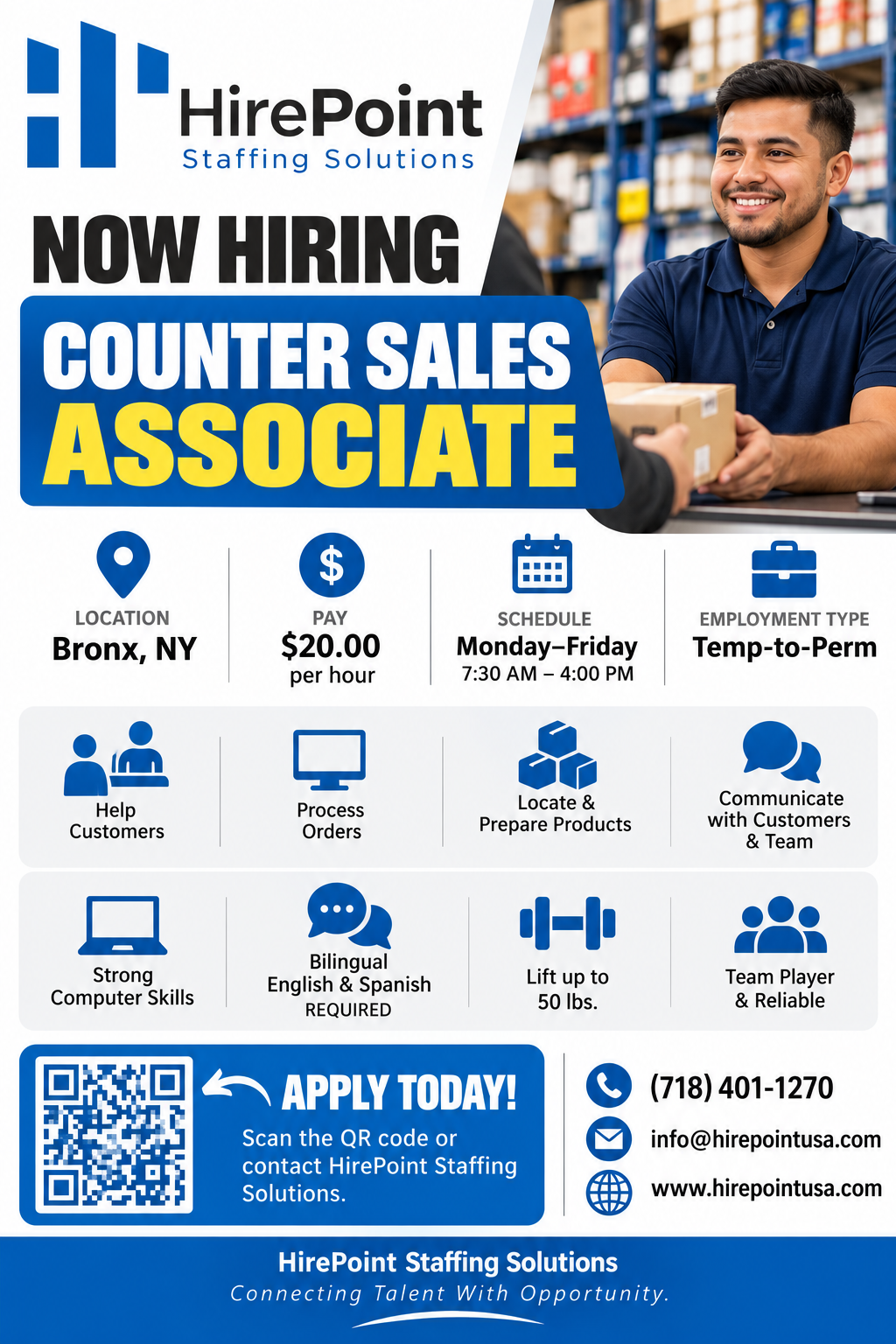 Counter Sales Associate job opportunity in Bronx NY – HirePoint Staffing Solutions