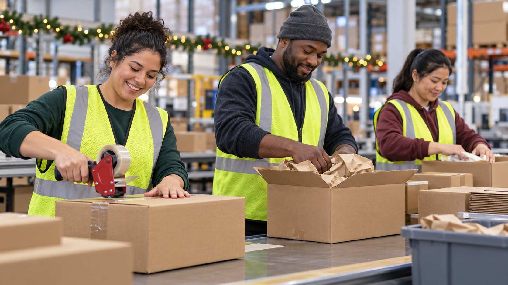 AI-generated illustration of food service employees helping a customer at a New York holiday market